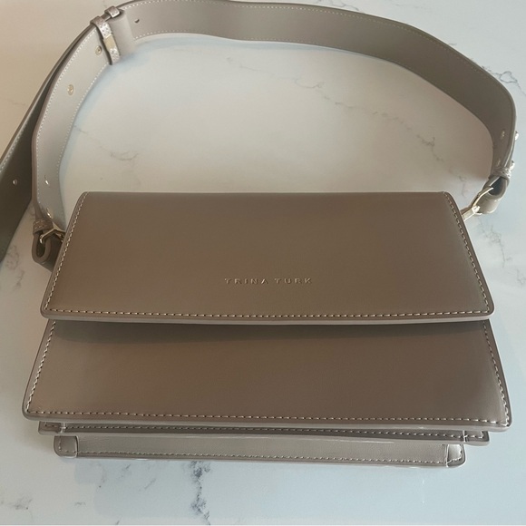 Trina Turk Structured Taupe Purse, flap with magnetic closure, gold hardware - Picture 1 of 5